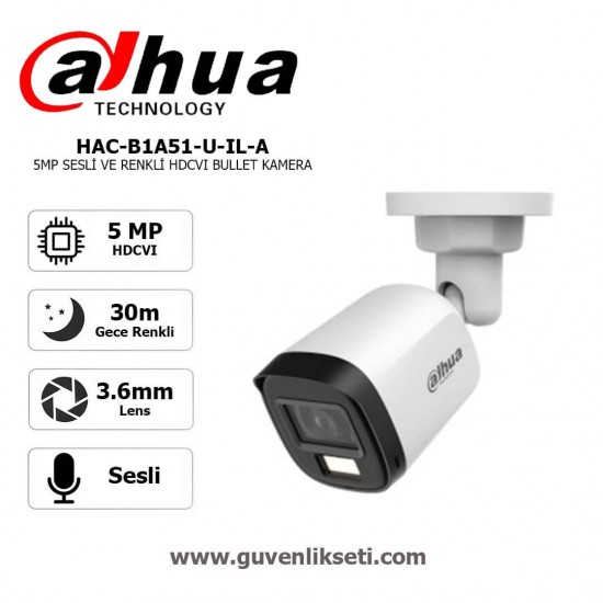 Dahua HAC-B1A51-U-IL-A 5MP Gece Renkli ve Sesli AHD HDCVI Bullet Kamera dahua hac-b1a51-u-il-a 5mp gece renkli sesli kamera
